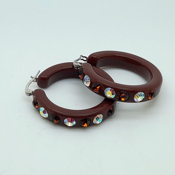 1.5 chunky brown Lucite Acrylic wide Hoop Latch Back Fashion vintage Earrings - Picture 3 of 4